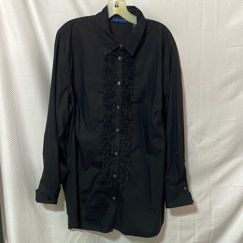 Karen Scott 1x 2xblack 💯 cotton ruffled front long sleeve button down blouse euc